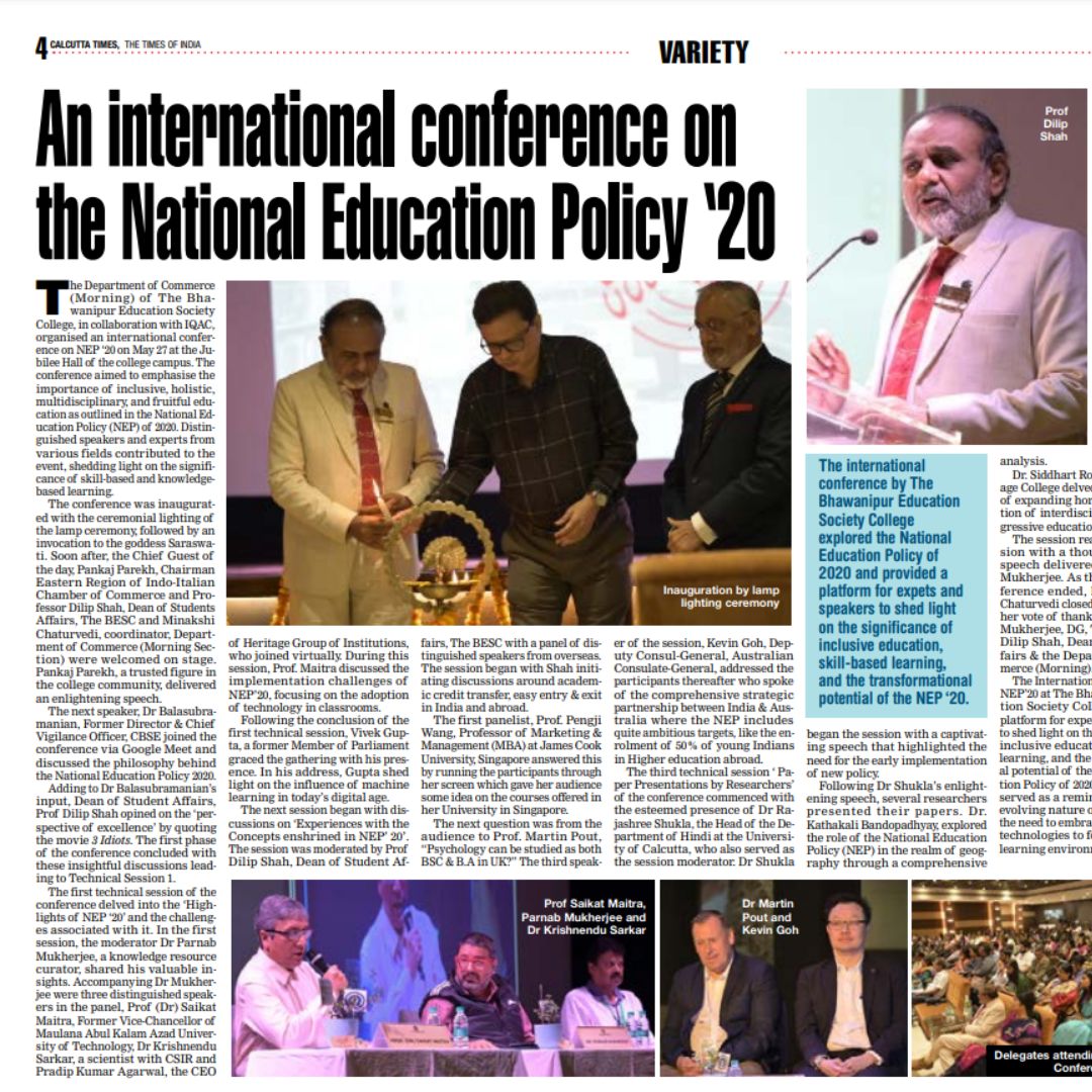 TOI coverage of the International Conference on New Education Policy 2020, held on the 27th of May , 2023 at The Bhawanipur College