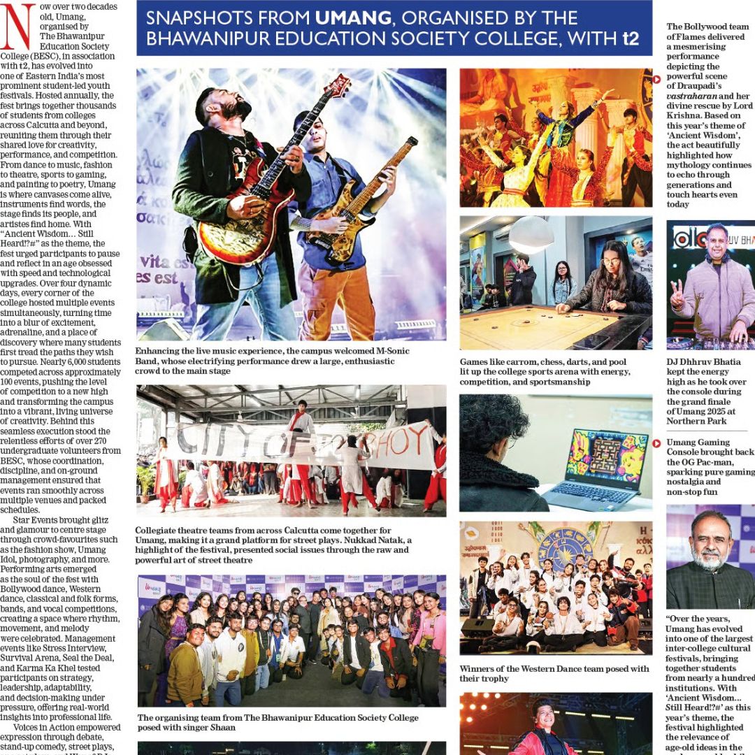 The Telegraph highlights Umang, BESC’s flagship youth festival, celebrating artistic brilliance, competitive spirit, and unforgettable campus moments.